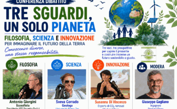 Locandina della conferenza Tre sguardi, un solo pianeta: filosofia, scienza e innovazione, con Antonio Giorgini, Sveva Corrado, Susanna Di Vincenzo e Giuseppe Gagliano.