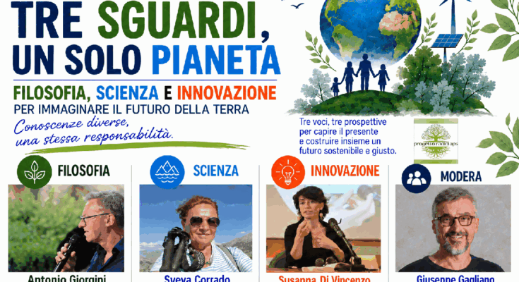 Locandina della conferenza Tre sguardi, un solo pianeta: filosofia, scienza e innovazione, con Antonio Giorgini, Sveva Corrado, Susanna Di Vincenzo e Giuseppe Gagliano.